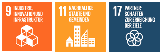 Drei Kacheln der UN-Nachhaltigkeitsziele (SDGs): Nr. 9 (Industrie), Nr. 11 (Städte/Gemeinden) und Nr. 17 (Partnerschaften).
