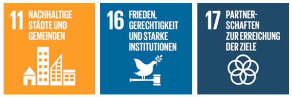 Drei Kacheln der UN-Nachhaltigkeitsziele (SDGs): Nr. 11 (Städte), Nr. 16 (Frieden und Justiz) und Nr. 17 (Partnerschaften).
