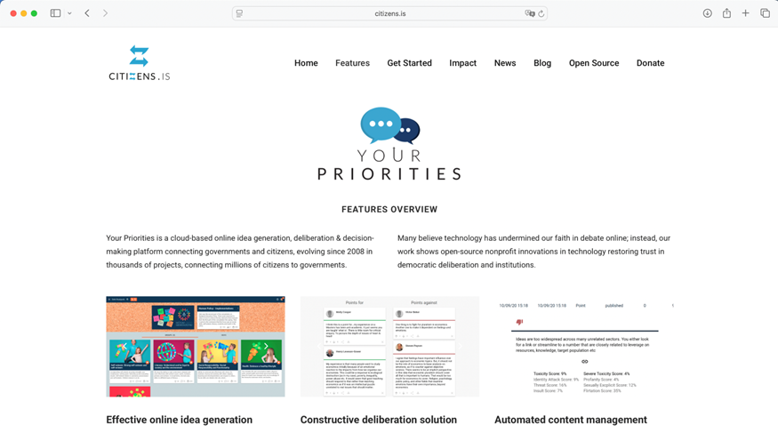 Screenshot der Website "citizen.is" mit Überblick zu einigen Funktionen.
