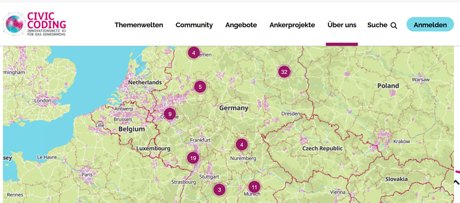 Karte Europas der Civic-Coding-Website mit markierten Projektstandorten und Anzahl von Initiativen in verschiedenen Städten.