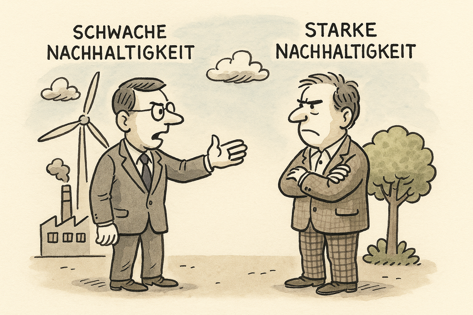 Karikatur: Mann mit Fabrik/Windrad vs. Mann mit Baum – schwache vs. starke Nachhaltigkeit.