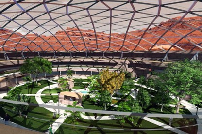 Illustration eines Stadtparks in der fiktiven Marssiedlung Aleph