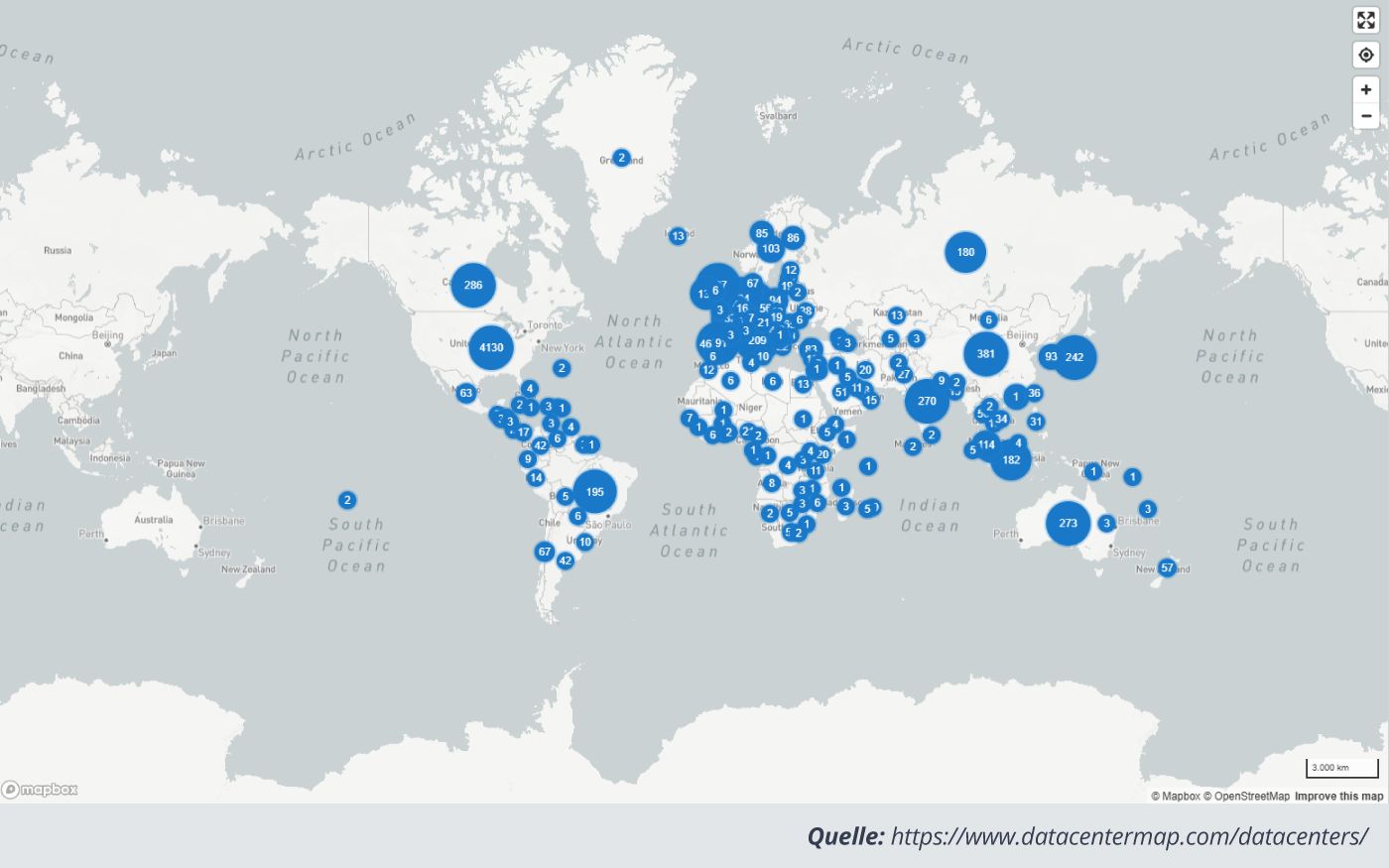 Weltkarte: Rechenzentren konzentriert in USA, Europa, Ostasien. Kreisgröße zeigt Anzahl pro Standort.