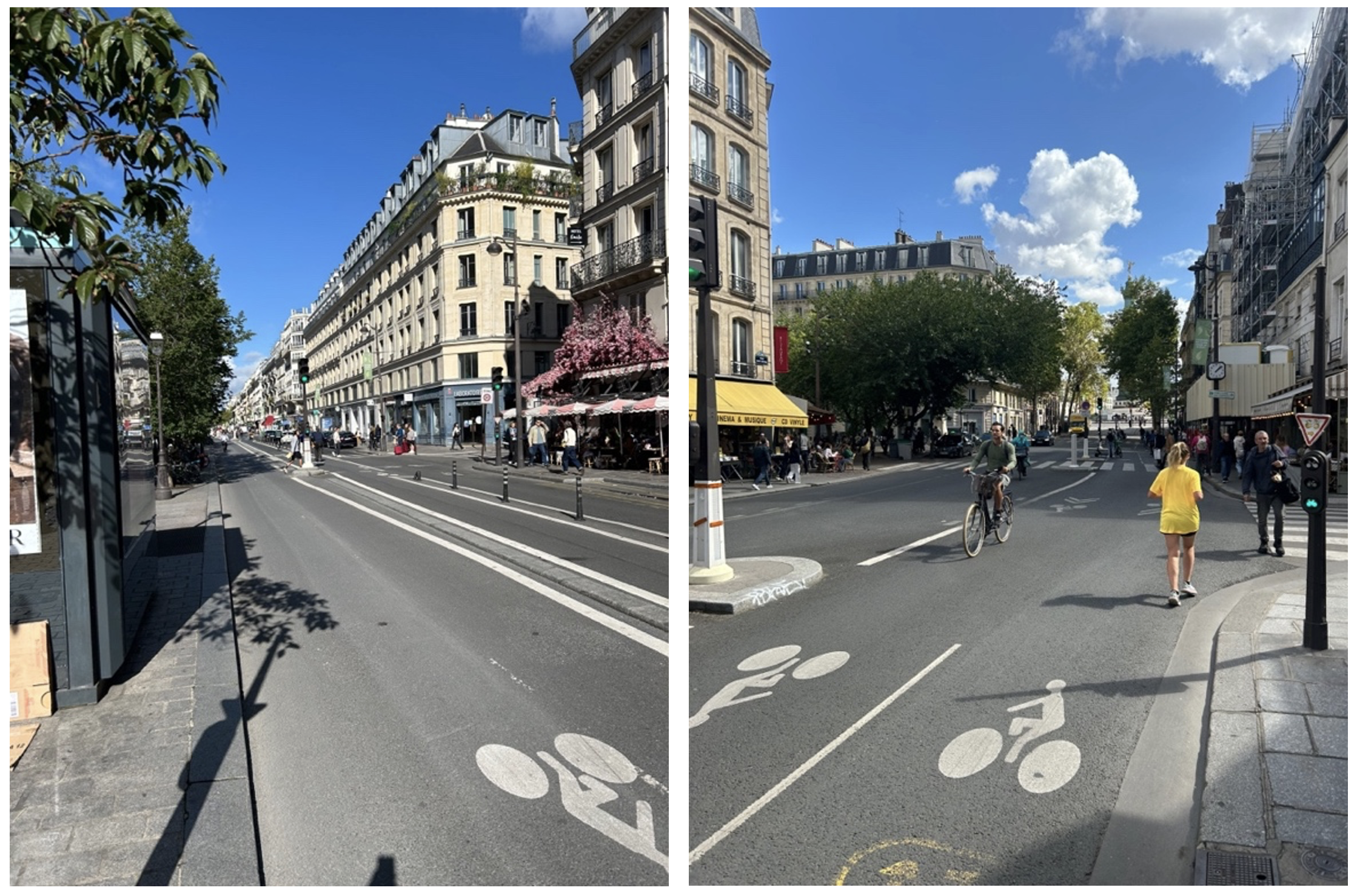 Neuere Radverkehrsinfrastruktur in Paris, die dem Fahrrad buchstäblich den gleichen Raum gibt wie dem Autoverkehr