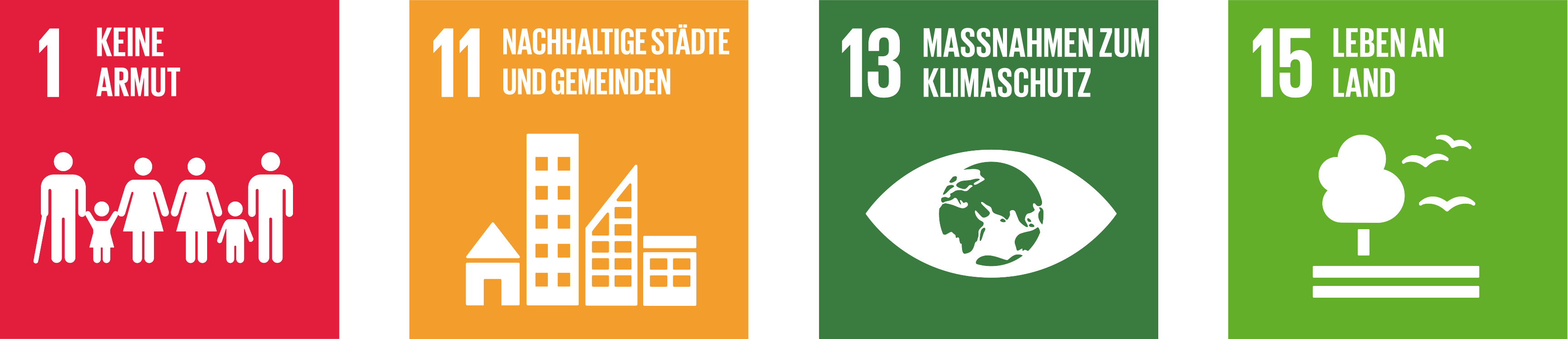 Symbole der SDGs 1, 11, 13 und 15: Keine Armut, nachhaltige Städte, Klimaschutz und Leben an Land