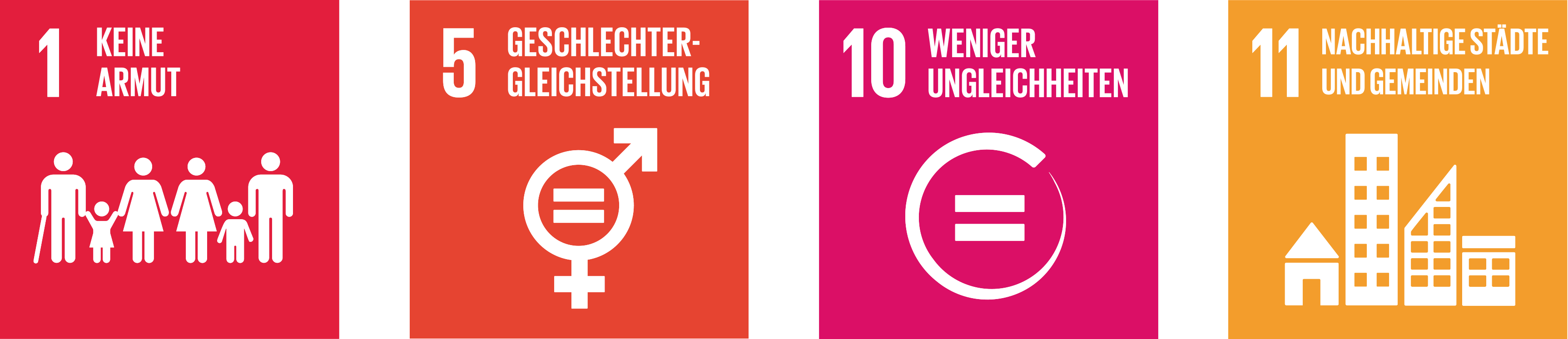Vier SDG-Symbole: Keine Armut, Geschlechtergleichheit, Weniger Ungleichheiten, Nachhaltige Städte.