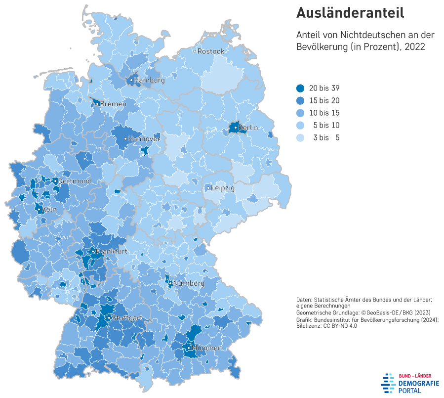 Karte Deutschlands mit regionalen Anteilen nichtdeutscher Bevölkerung im Jahr 2022.