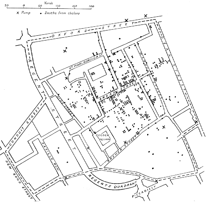 Handzeichnung von John Snow 1854, Quelle: gemeinfrei