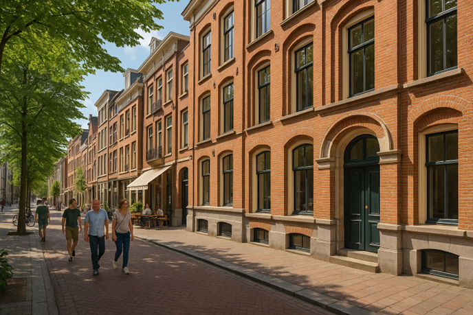 Straßenszene mit historischen Backsteinhäusern, Bäumen, Fußgänger*innen und Caféterrasse in einer ruhigen, grünen Wohnstraße.