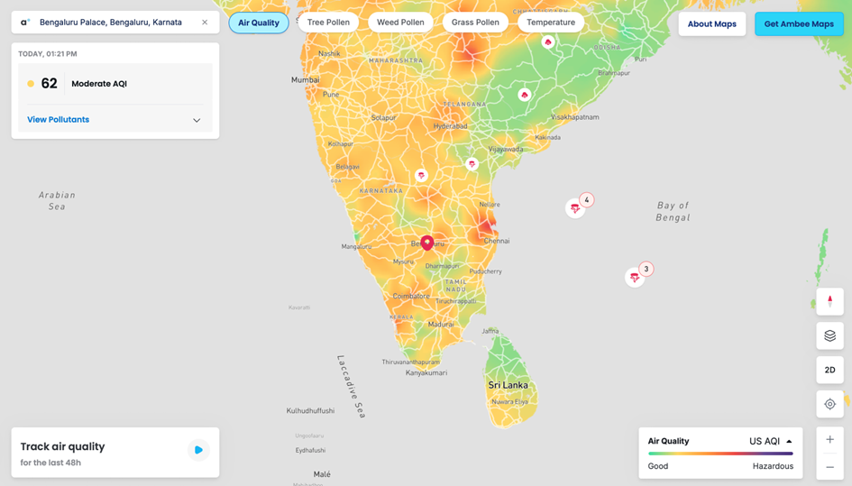Screenshot des Ambee-Datendashboards. Quelle: https://maps.getambee.com/