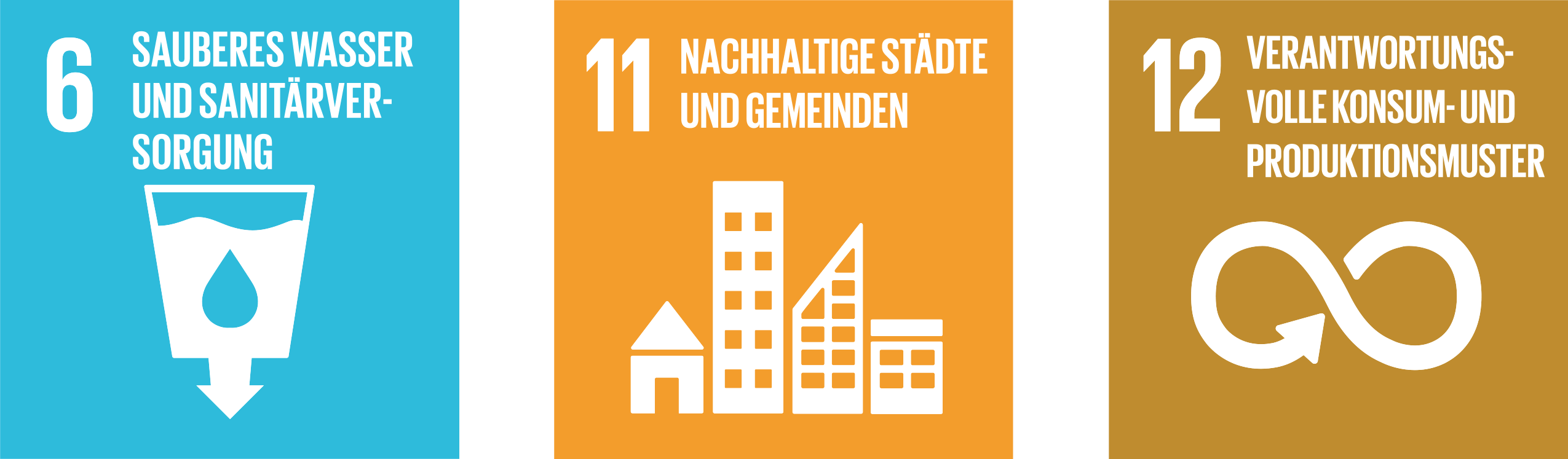 Drei SDG-Symbole: 6: sauberes Wasser, 11: nachhaltige Städte und 12: verantwortungsvolle Konsum- und Produktionsmuster